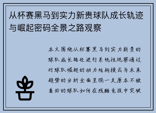 从杯赛黑马到实力新贵球队成长轨迹与崛起密码全景之路观察