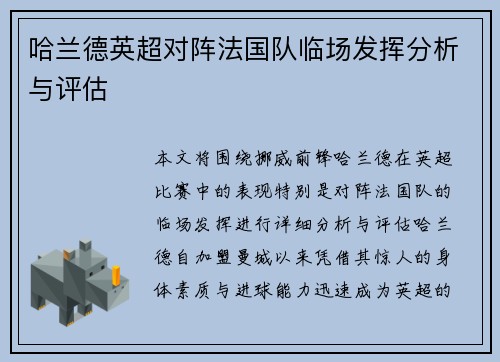 哈兰德英超对阵法国队临场发挥分析与评估